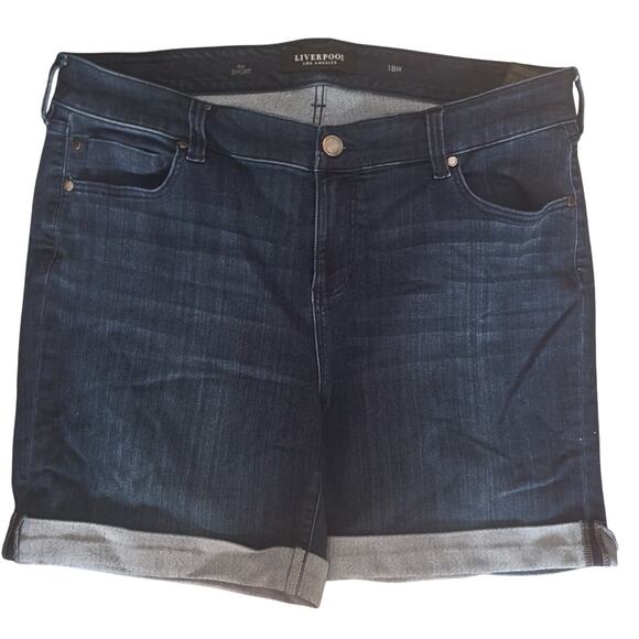 Liverpool Los Angeles Distressed Dark Wash High Waist Stretch Cuffed Shorts 18W - Picture 1 of 10
